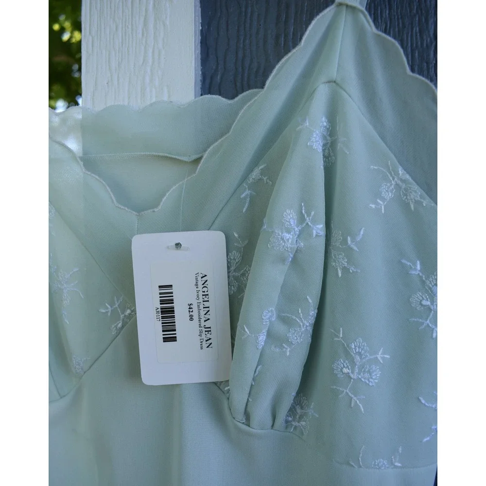 Vintage Mint Green Embroidered Slip Dress Floral Scallop Trim Midi Lingerie - Picture 2 of 6